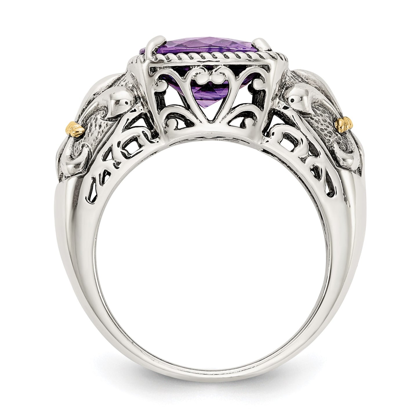 GSS Sterling Silver with 14K Accent Antiqued Cushion Amethyst Ring