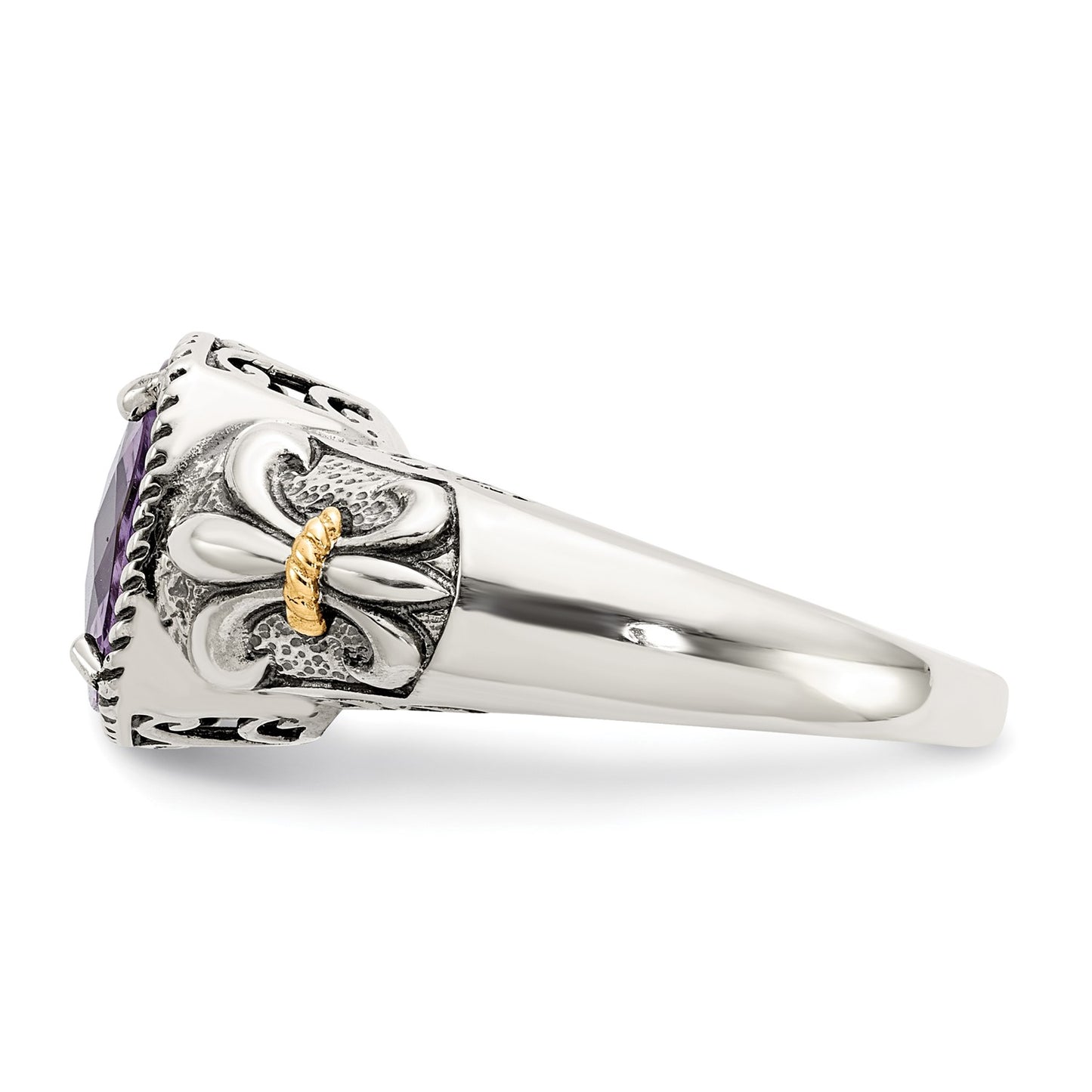 GSS Sterling Silver with 14K Accent Antiqued Cushion Amethyst Ring