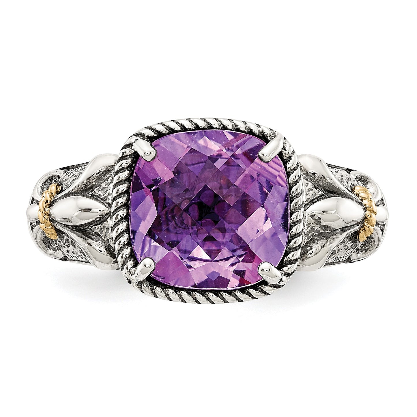 GSS Sterling Silver with 14K Accent Antiqued Cushion Amethyst Ring
