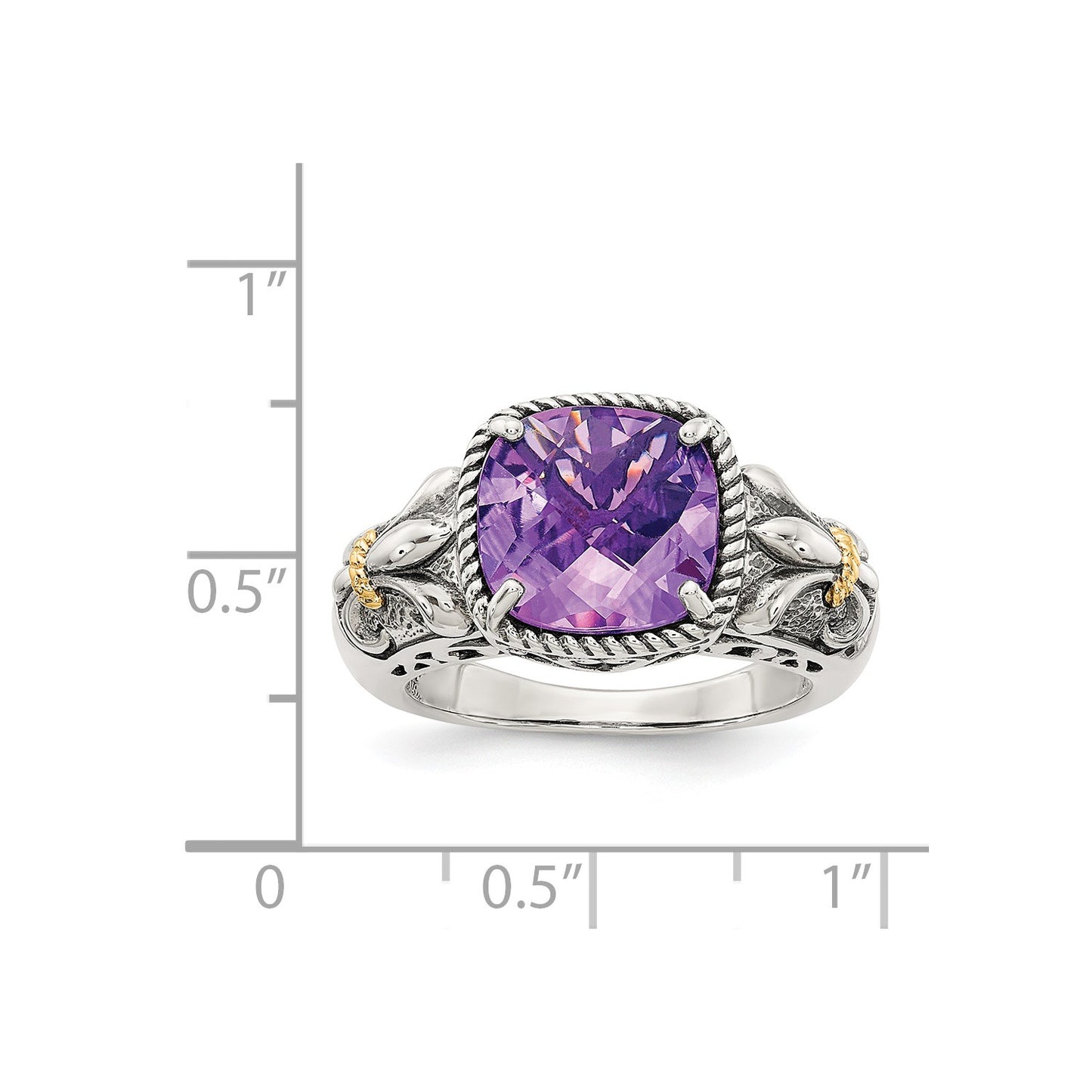 GSS Sterling Silver with 14K Accent Antiqued Cushion Amethyst Ring