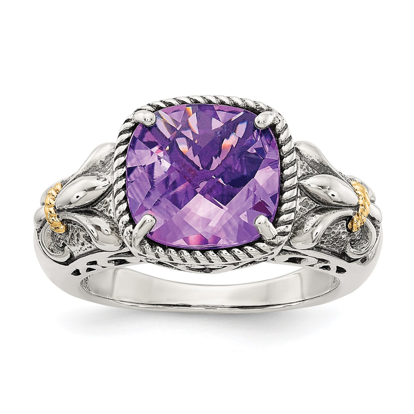 GSS Sterling Silver with 14K Accent Antiqued Cushion Amethyst Ring