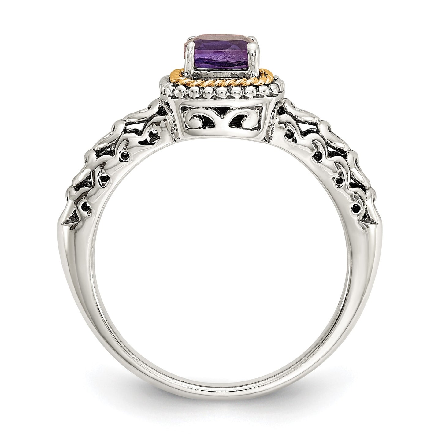 GSS Sterling Silver with 14K Accent Antiqued Cushion Amethyst Ring