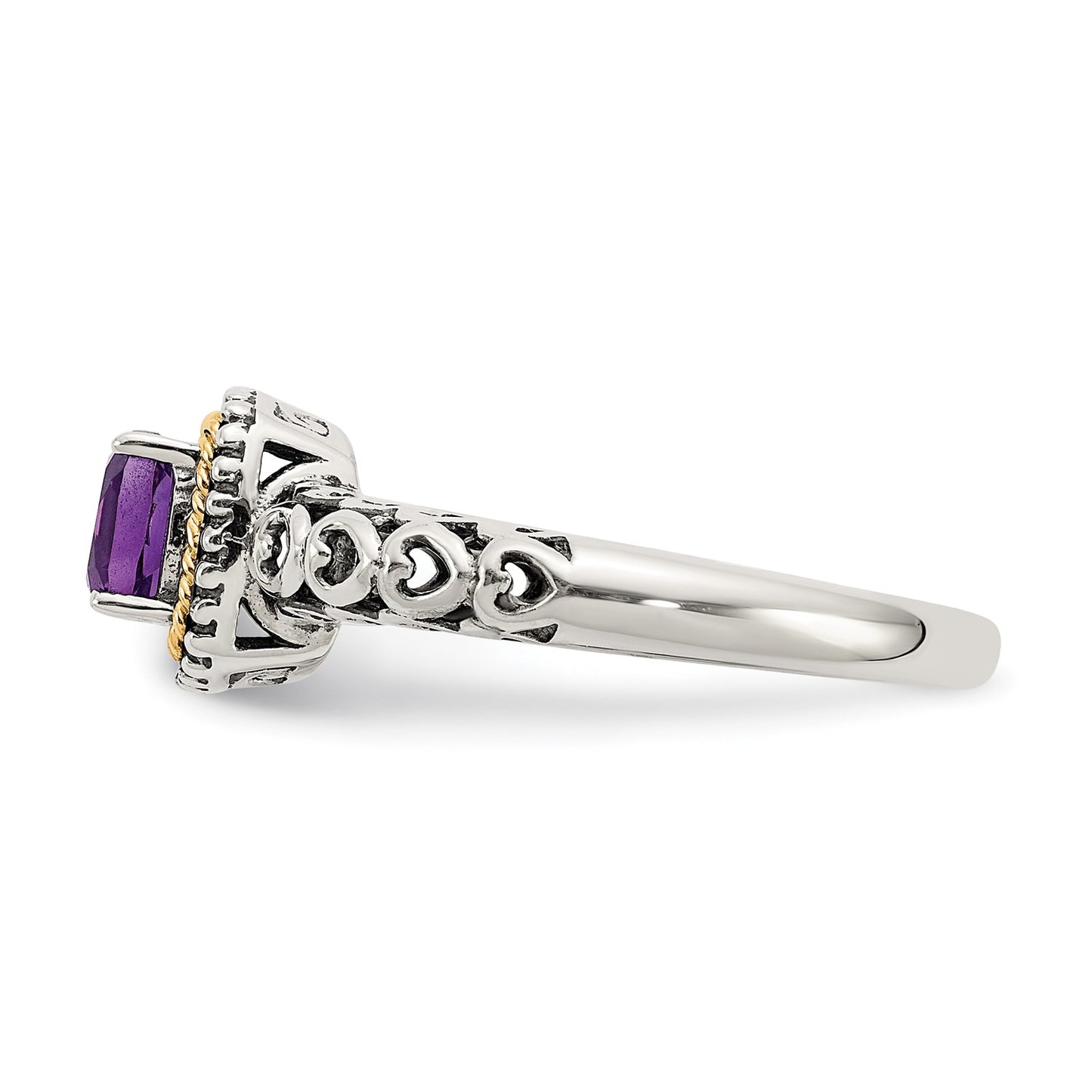 GSS Sterling Silver with 14K Accent Antiqued Cushion Amethyst Ring