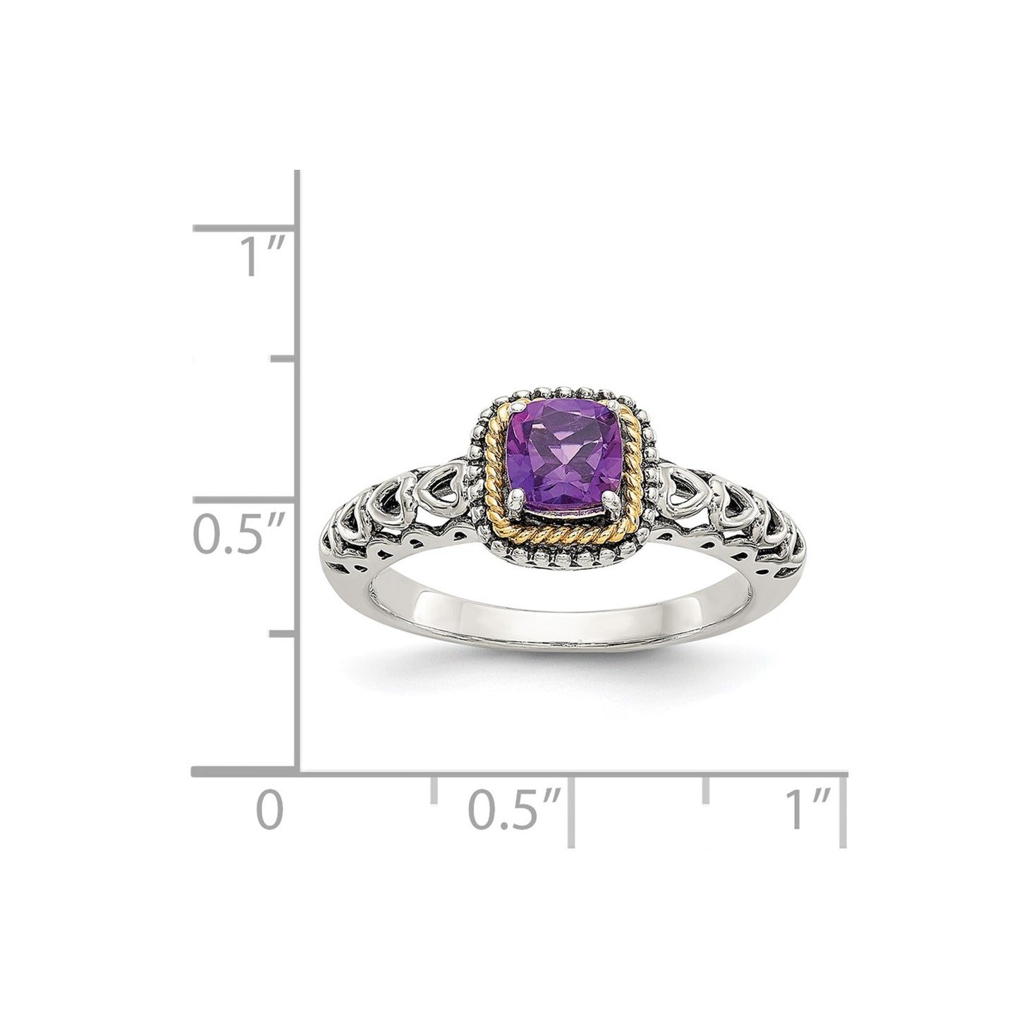 GSS Sterling Silver with 14K Accent Antiqued Cushion Amethyst Ring