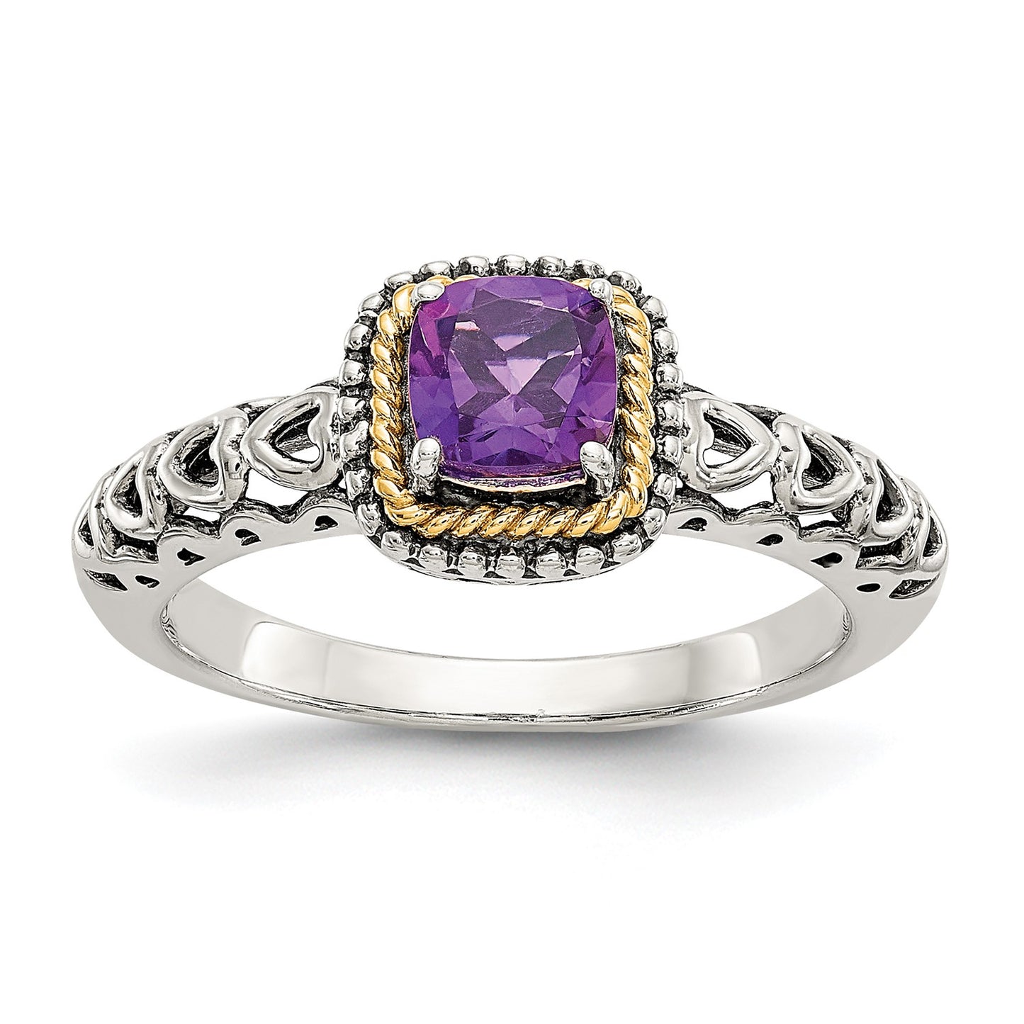 GSS Sterling Silver with 14K Accent Antiqued Cushion Amethyst Ring