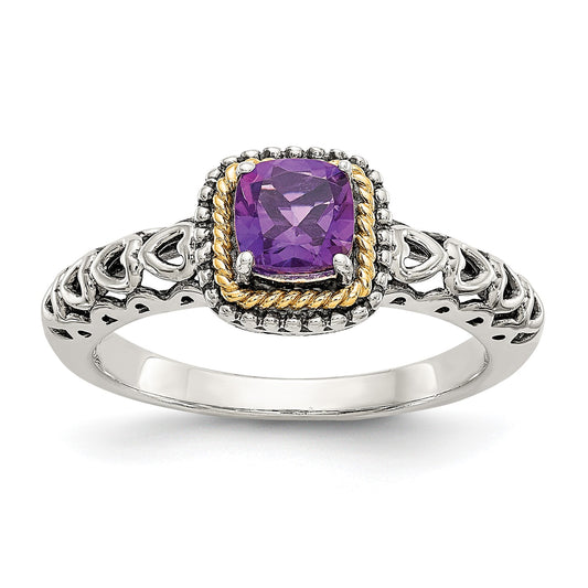 GSS Sterling Silver with 14K Accent Antiqued Cushion Amethyst Ring
