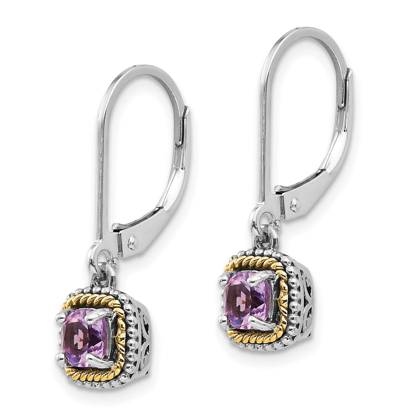 GSS Sterling Silver with 14K Accent Antiqued Cushion Amethyst Leverback Dangle Earrings