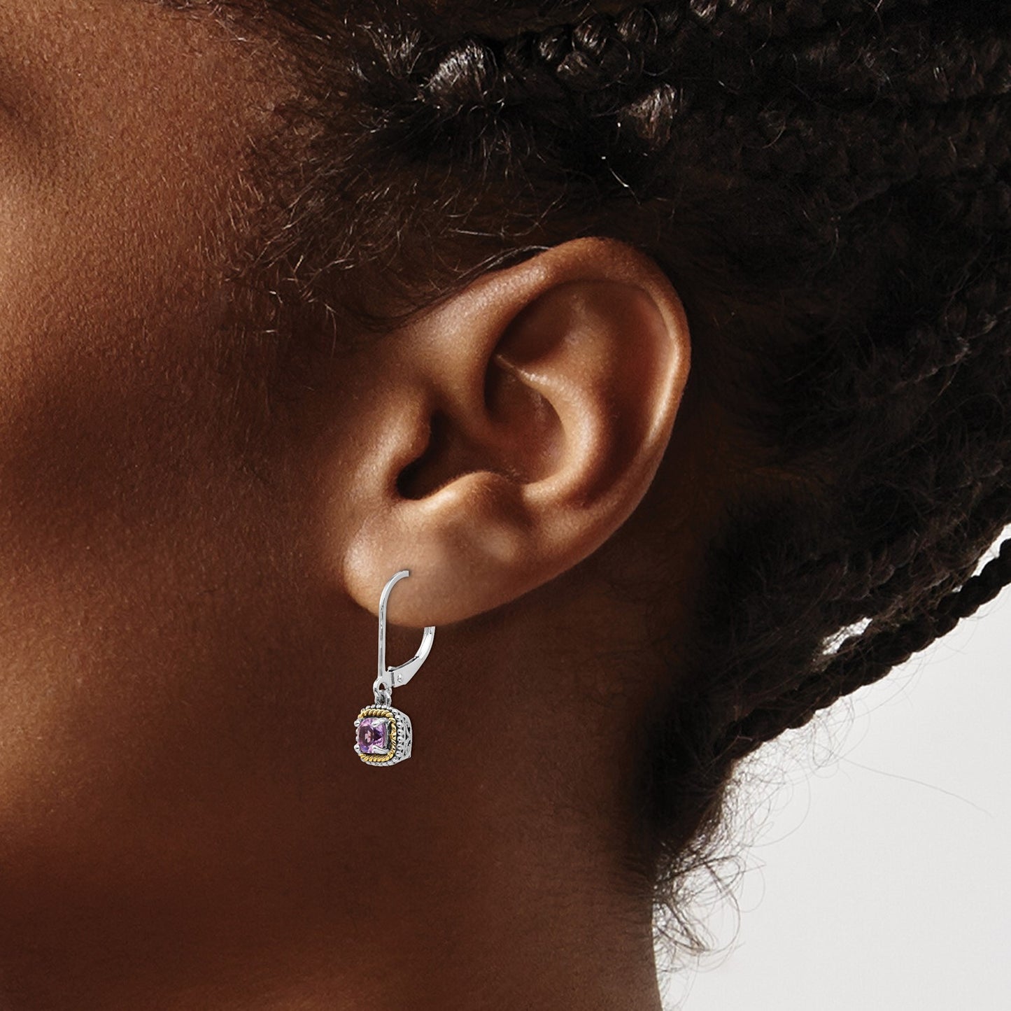 GSS Sterling Silver with 14K Accent Antiqued Cushion Amethyst Leverback Dangle Earrings