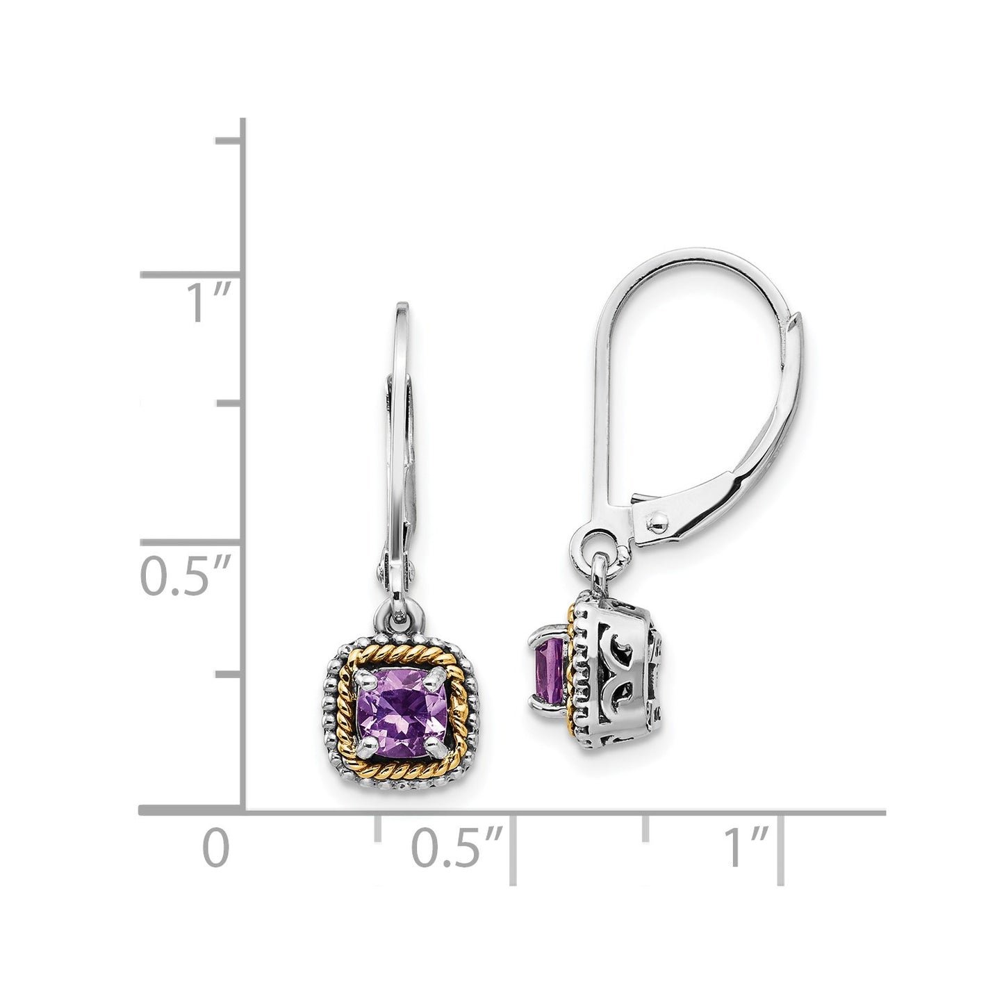 GSS Sterling Silver with 14K Accent Antiqued Cushion Amethyst Leverback Dangle Earrings