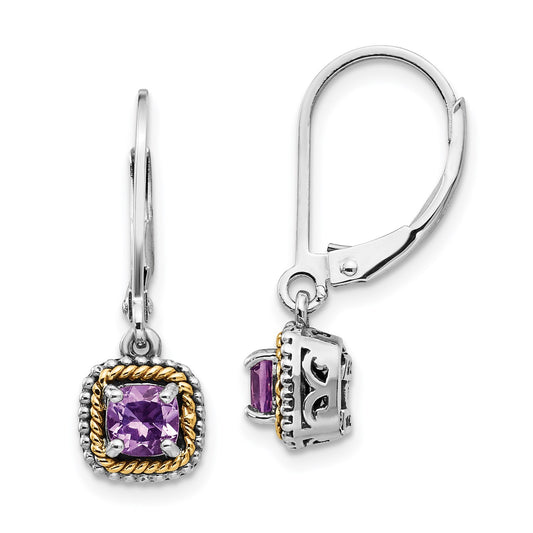 GSS Sterling Silver with 14K Accent Antiqued Cushion Amethyst Leverback Dangle Earrings