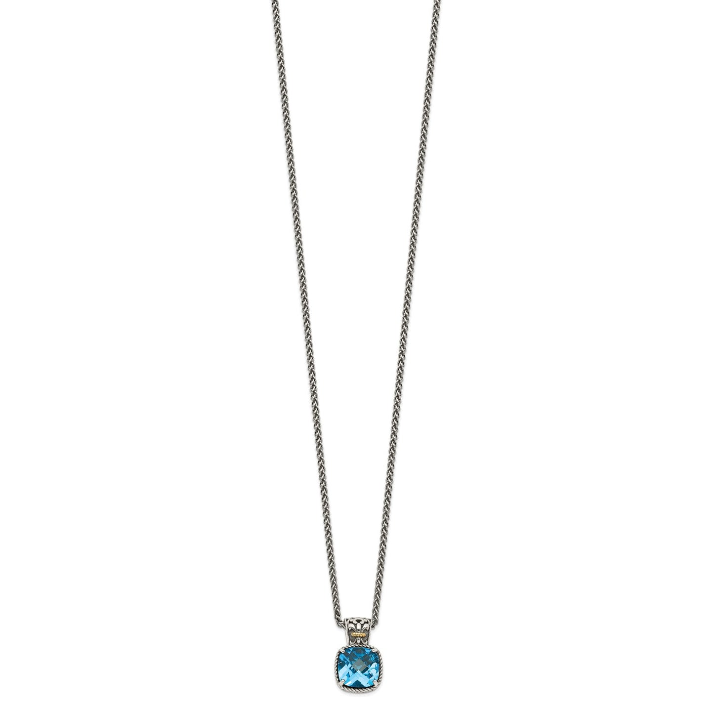 GSS Sterling Silver with 14K Accent 18 Inch Antiqued Cushion Blue Topaz Necklace