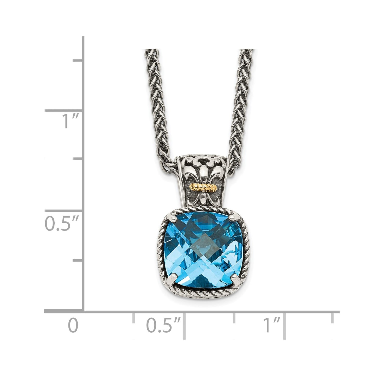 GSS Sterling Silver with 14K Accent 18 Inch Antiqued Cushion Blue Topaz Necklace