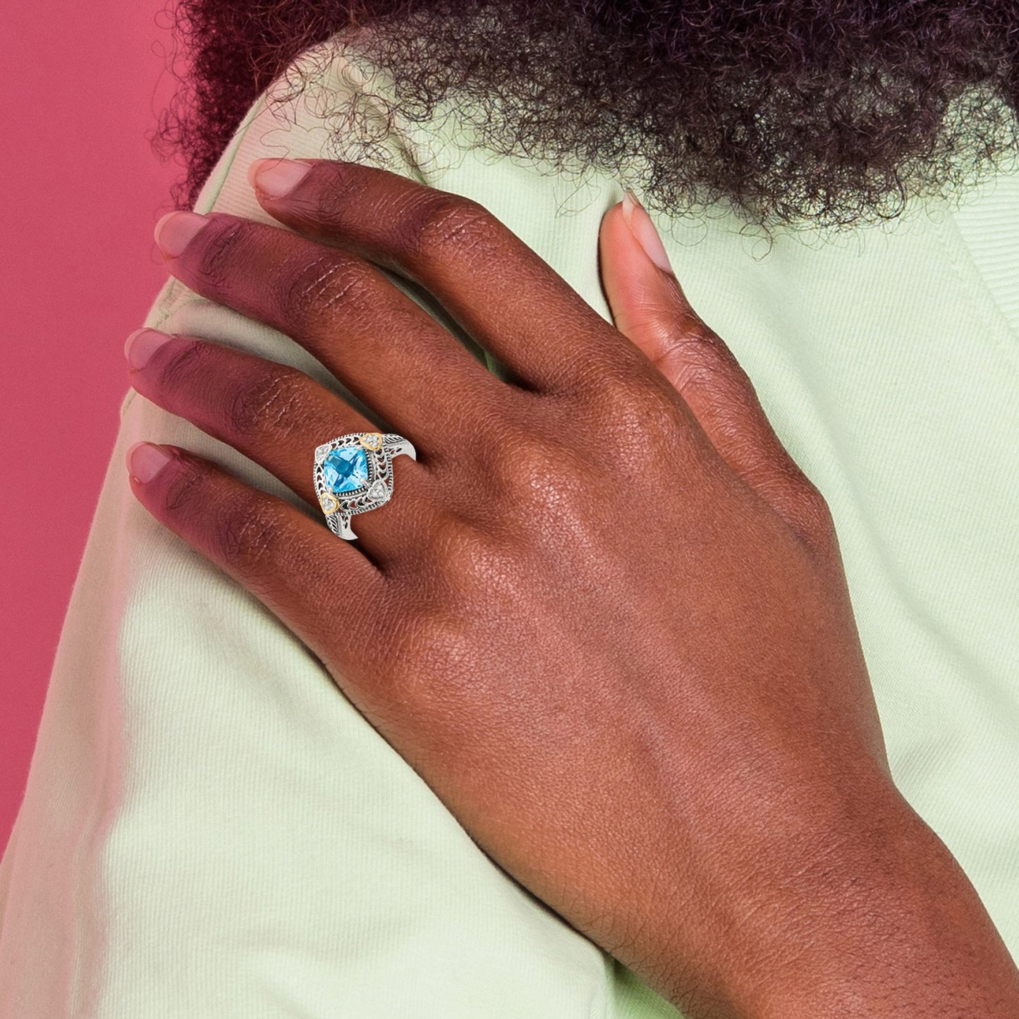 GSS Sterling Silver with 14K Accent Antiqued Diamond and Cushion Blue Topaz Ring