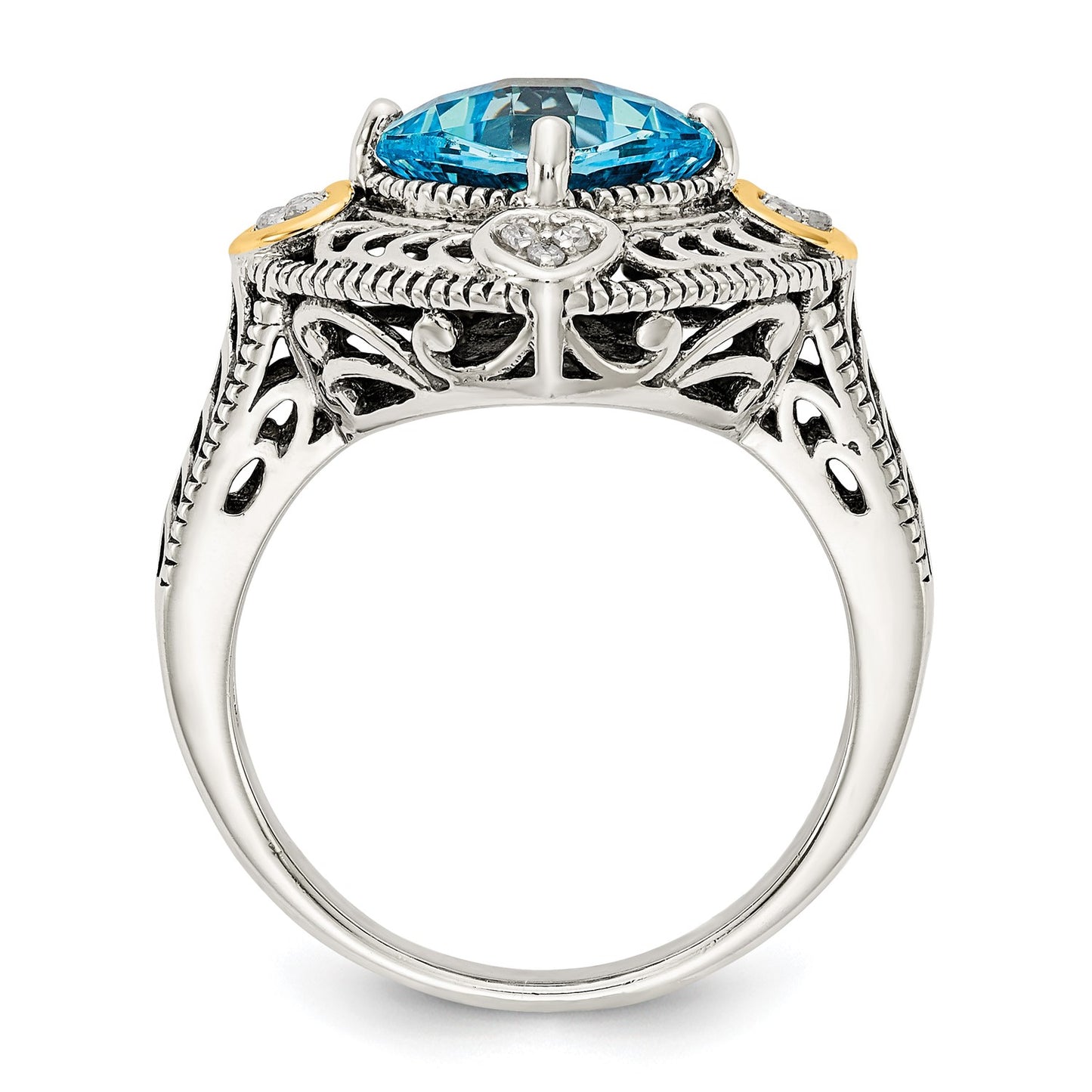 GSS Sterling Silver with 14K Accent Antiqued Diamond and Cushion Blue Topaz Ring