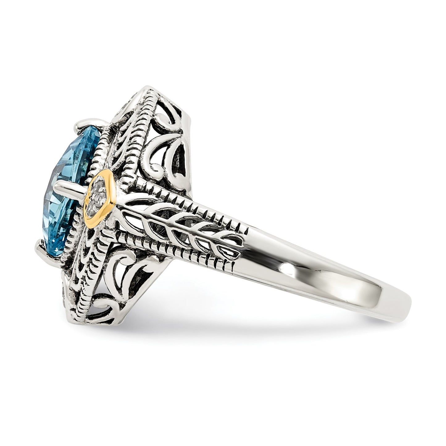 GSS Sterling Silver with 14K Accent Antiqued Diamond and Cushion Blue Topaz Ring