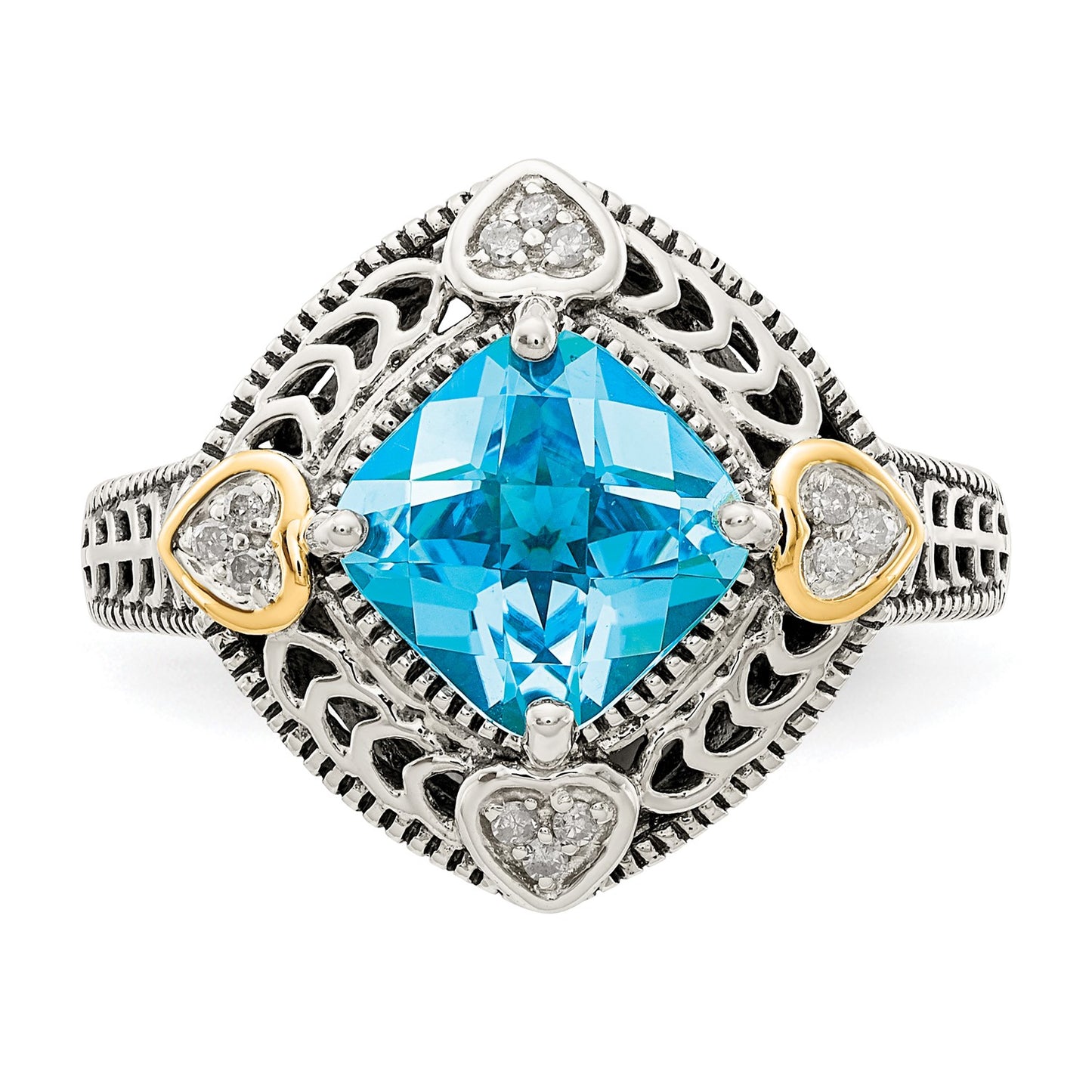 GSS Sterling Silver with 14K Accent Antiqued Diamond and Cushion Blue Topaz Ring