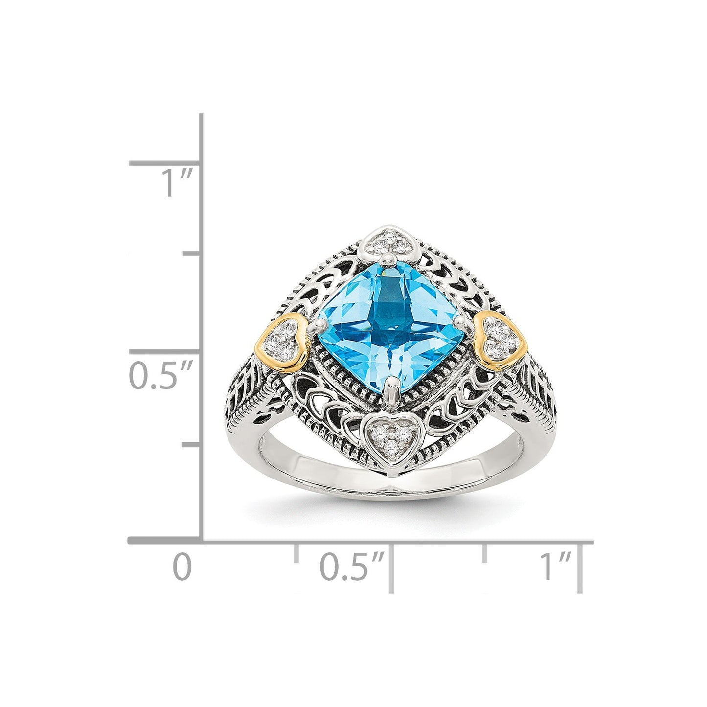 GSS Sterling Silver with 14K Accent Antiqued Diamond and Cushion Blue Topaz Ring