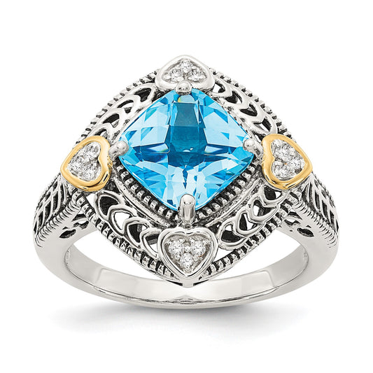 GSS Sterling Silver with 14K Accent Antiqued Diamond and Cushion Blue Topaz Ring