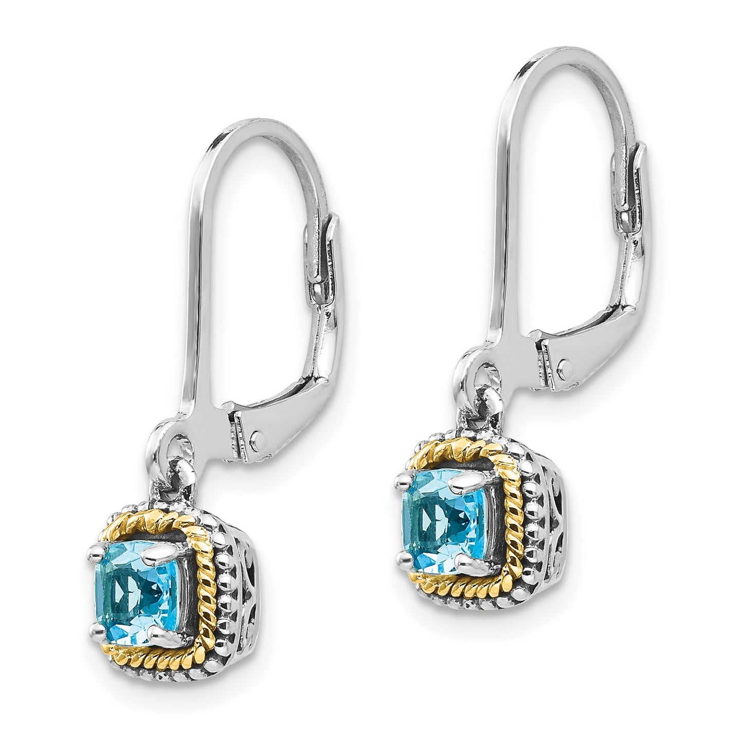 GSS Sterling Silver with 14K Accent Antiqued Cushion Blue Topaz Leverback Dangle Earrings