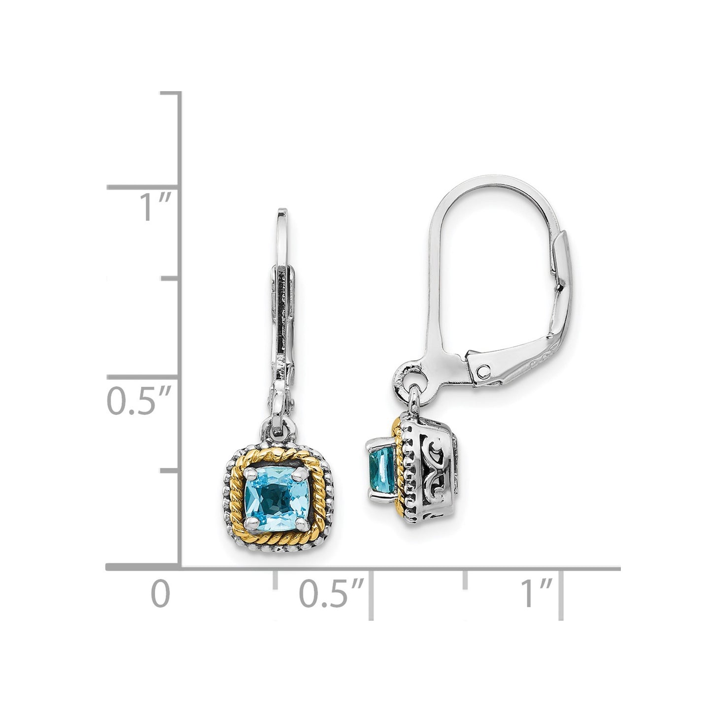 GSS Sterling Silver with 14K Accent Antiqued Cushion Blue Topaz Leverback Dangle Earrings