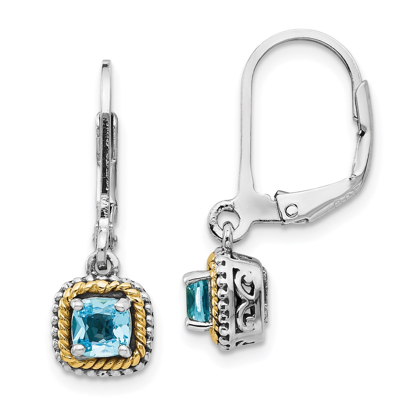 GSS Sterling Silver with 14K Accent Antiqued Cushion Blue Topaz Leverback Dangle Earrings