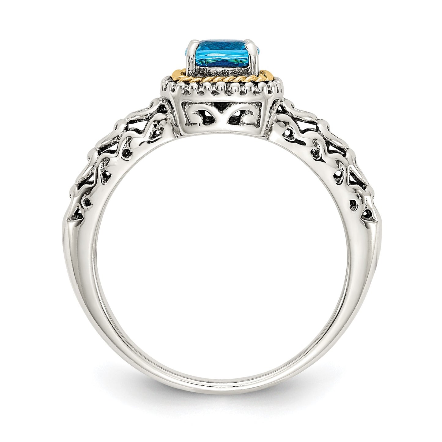 GSS Sterling Silver with 14K Accent Antiqued Cushion Blue Topaz Ring