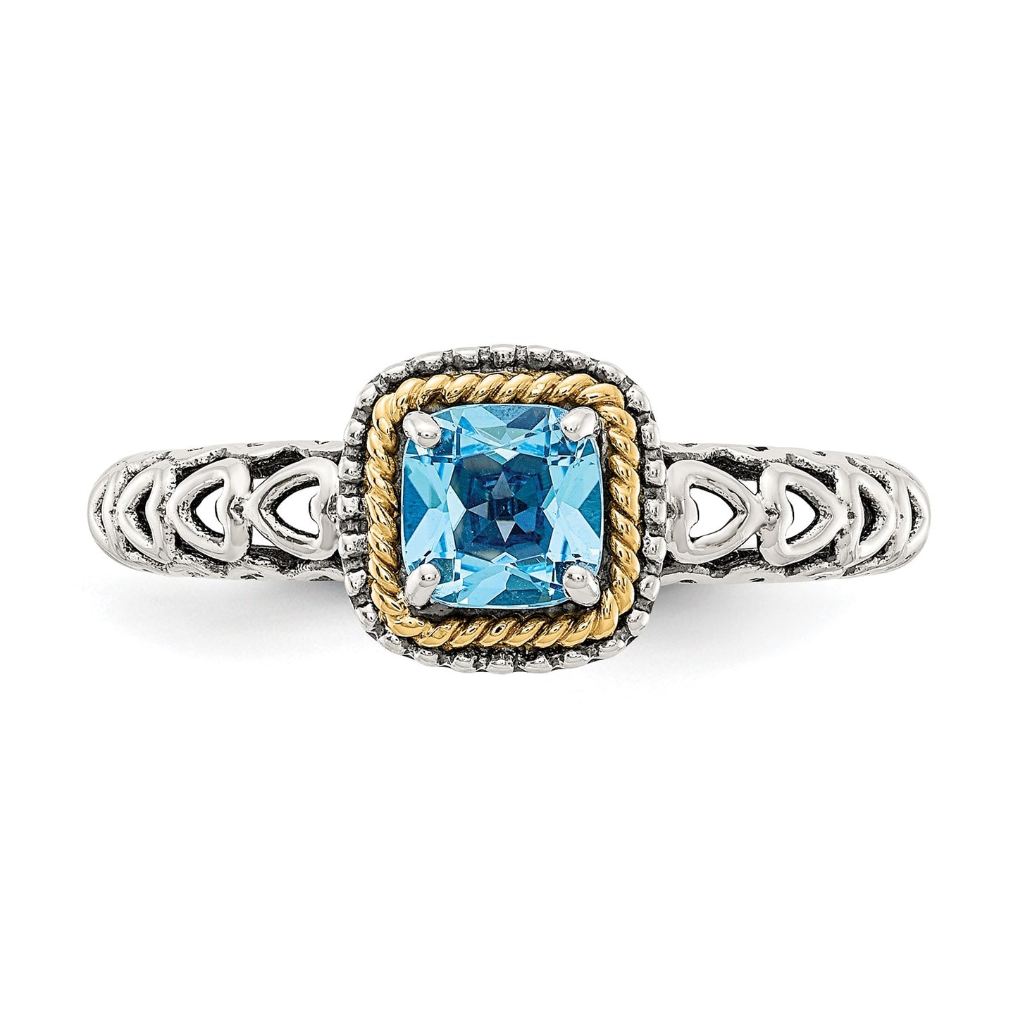 GSS Sterling Silver with 14K Accent Antiqued Cushion Blue Topaz Ring