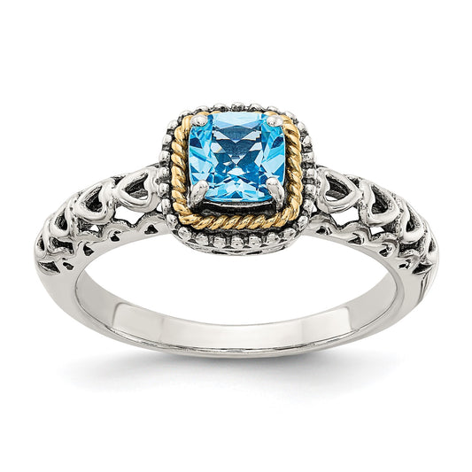 GSS Sterling Silver with 14K Accent Antiqued Cushion Blue Topaz Ring