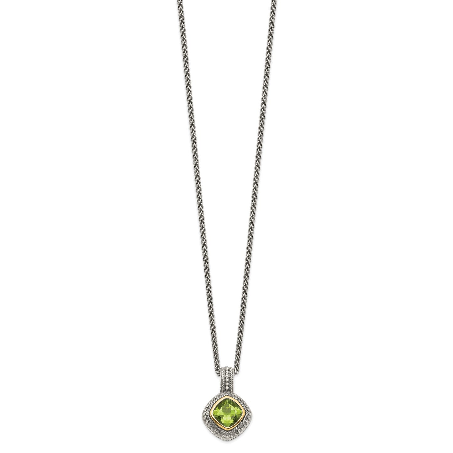 GSS Sterling Silver with 14K Accent 18 Inch Antiqued Cushion Bezel Peridot Necklace