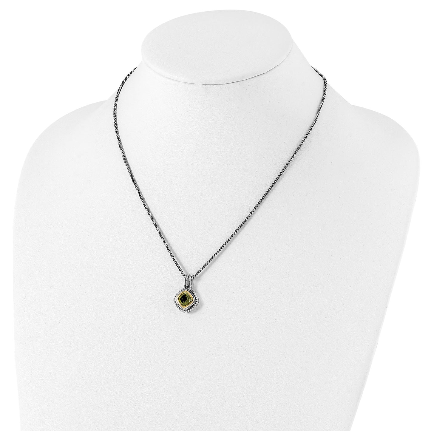 GSS Sterling Silver with 14K Accent 18 Inch Antiqued Cushion Bezel Peridot Necklace