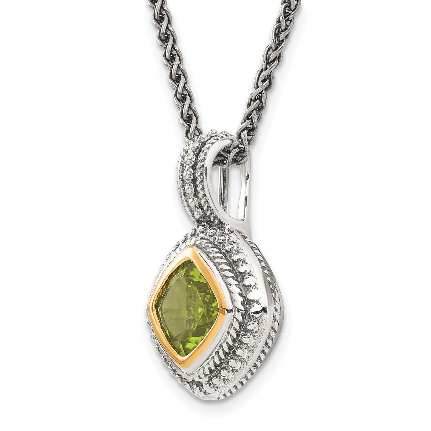 GSS Sterling Silver with 14K Accent 18 Inch Antiqued Cushion Bezel Peridot Necklace