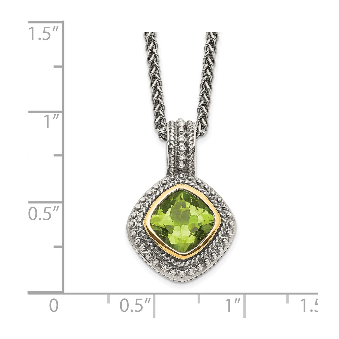 GSS Sterling Silver with 14K Accent 18 Inch Antiqued Cushion Bezel Peridot Necklace