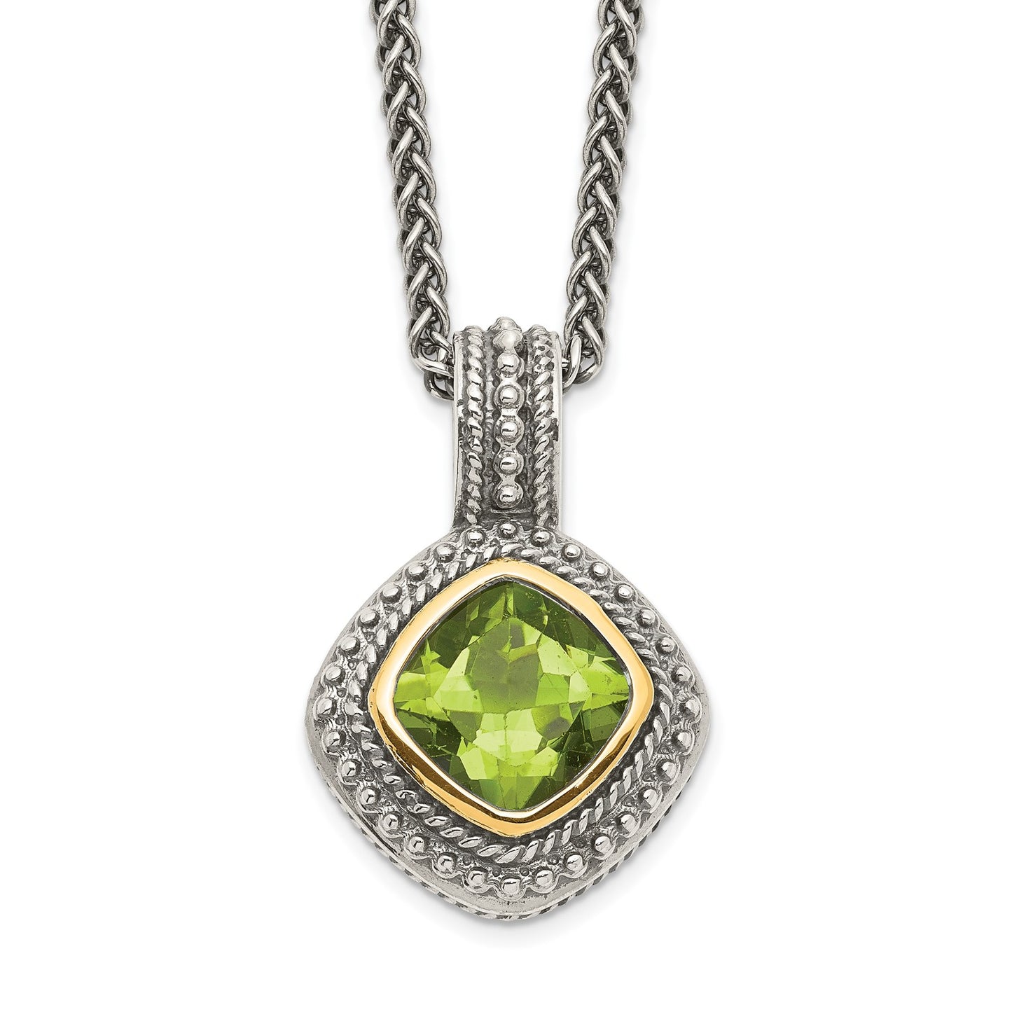 GSS Sterling Silver with 14K Accent 18 Inch Antiqued Cushion Bezel Peridot Necklace
