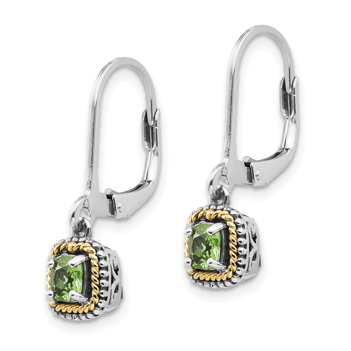 GSS Sterling Silver with 14K Accent Antiqued Cushion Peridot Leverback Earrings