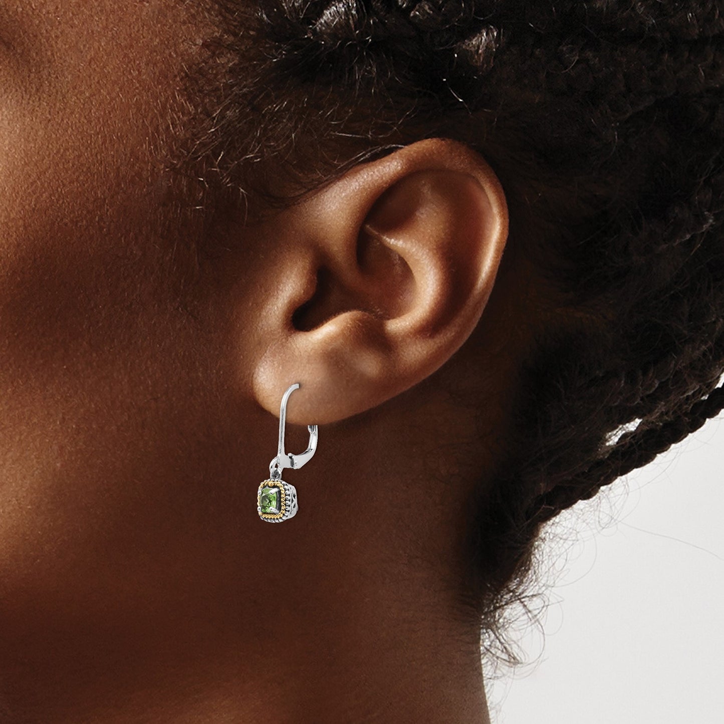 GSS Sterling Silver with 14K Accent Antiqued Cushion Peridot Leverback Earrings