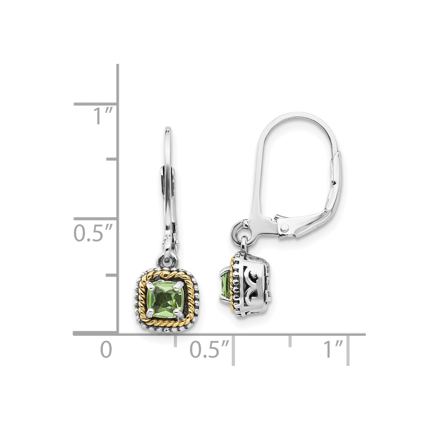 GSS Sterling Silver with 14K Accent Antiqued Cushion Peridot Leverback Earrings