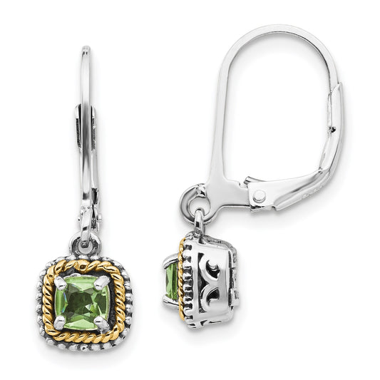 GSS Sterling Silver with 14K Accent Antiqued Cushion Peridot Leverback Earrings