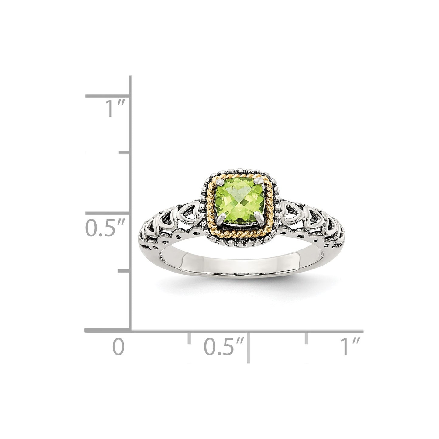 GSS Sterling Silver with 14K Accent Antiqued Cushion Peridot Ring
