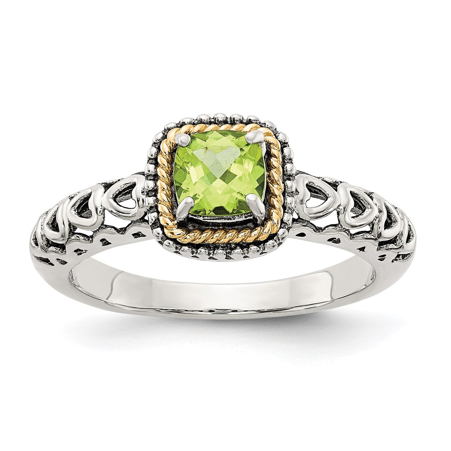 GSS Sterling Silver with 14K Accent Antiqued Cushion Peridot Ring