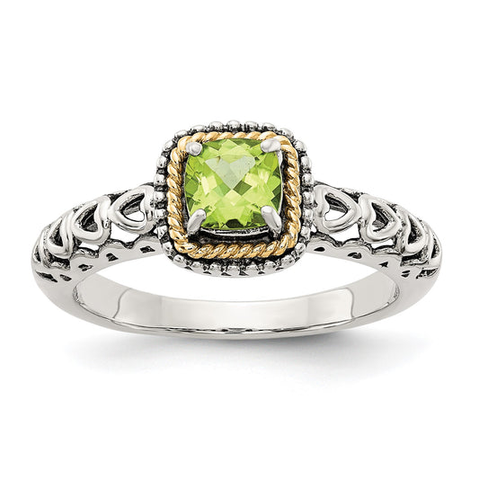 GSS Sterling Silver with 14K Accent Antiqued Cushion Peridot Ring