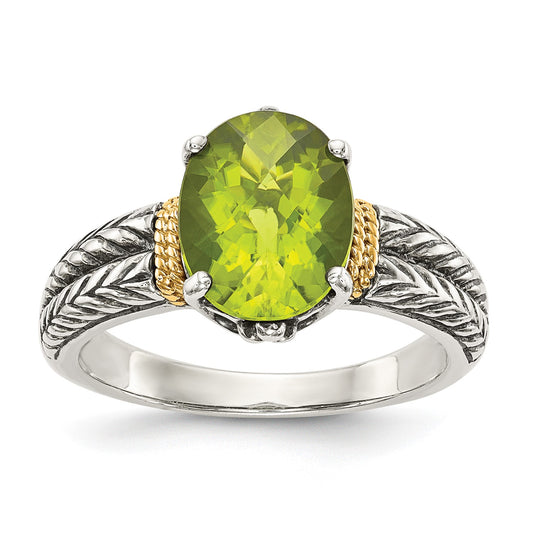 GSS Sterling Silver with 14K Accent Antiqued Oval Peridot Ring