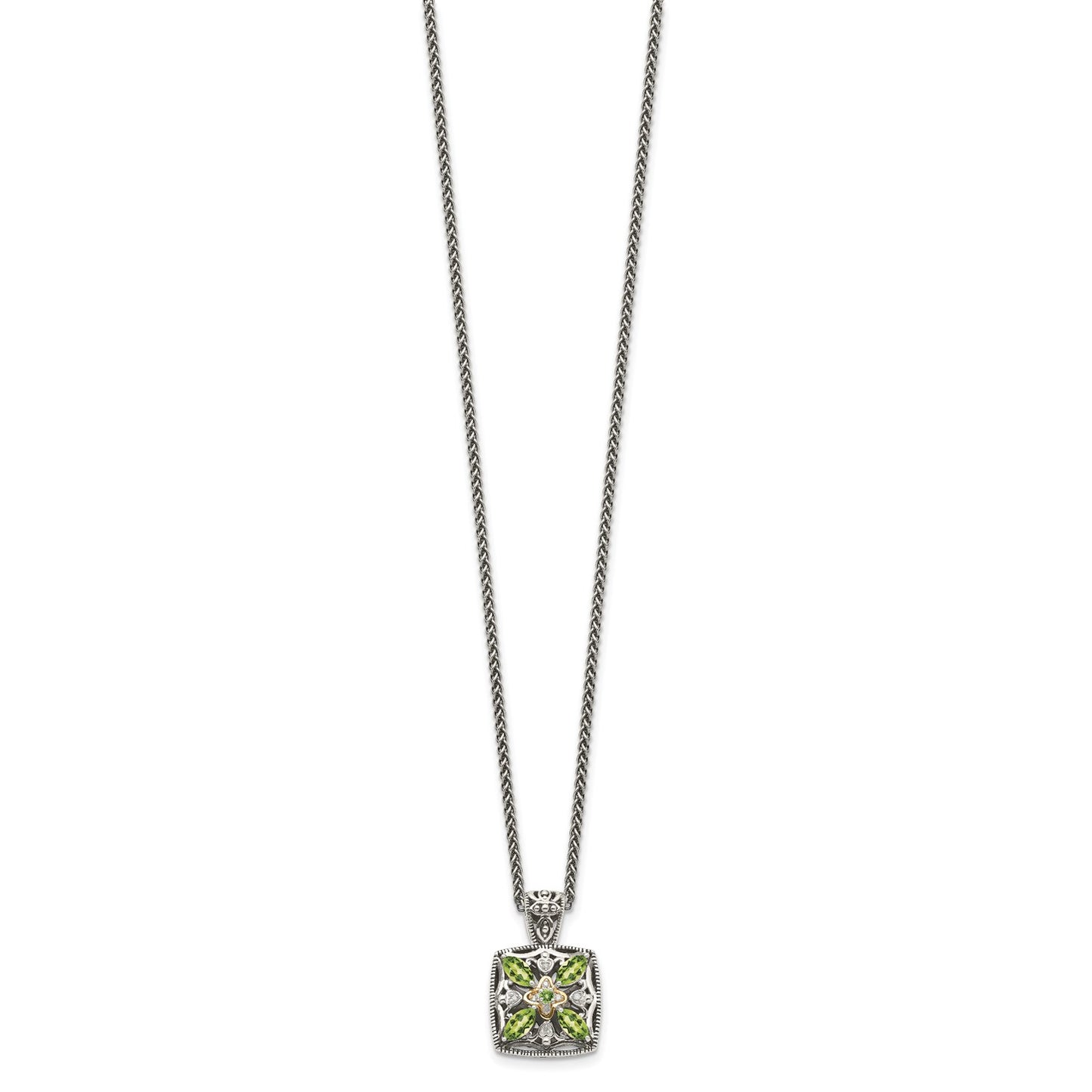 GSS Sterling Silver with 14K Accent 18 Inch Antiqued Diamond and Marquise Peridot Necklace