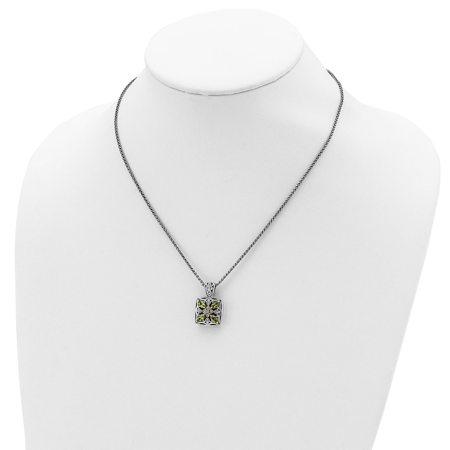 GSS Sterling Silver with 14K Accent 18 Inch Antiqued Diamond and Marquise Peridot Necklace