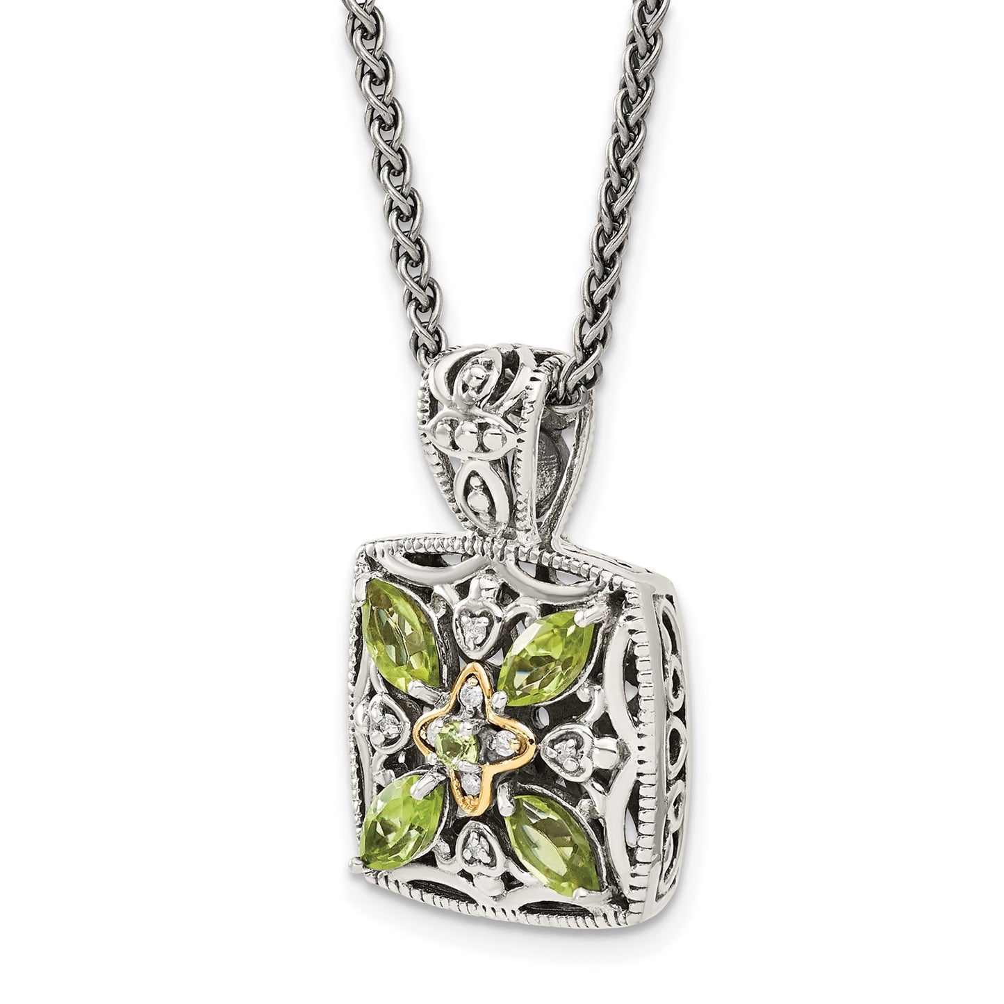 GSS Sterling Silver with 14K Accent 18 Inch Antiqued Diamond and Marquise Peridot Necklace