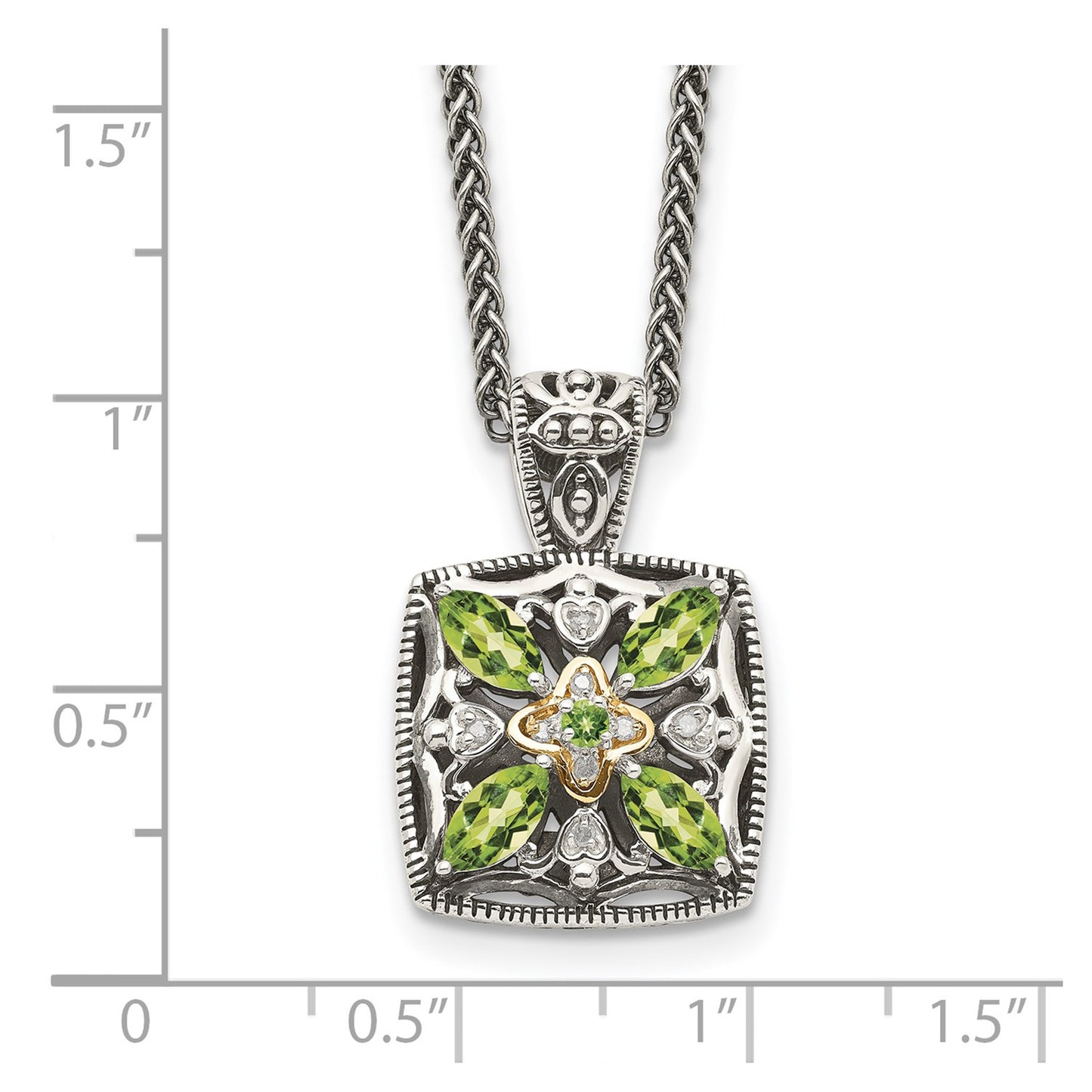 GSS Sterling Silver with 14K Accent 18 Inch Antiqued Diamond and Marquise Peridot Necklace