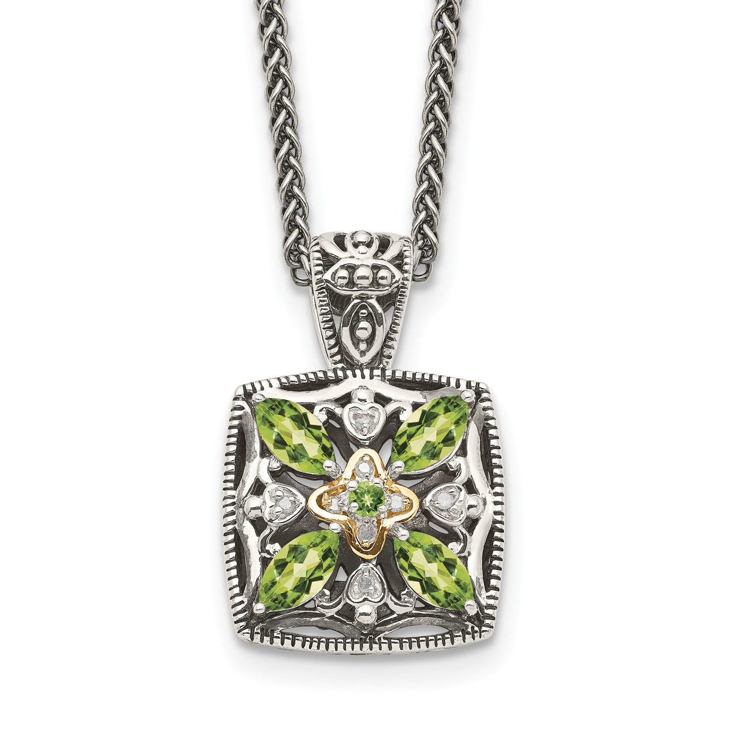 GSS Sterling Silver with 14K Accent 18 Inch Antiqued Diamond and Marquise Peridot Necklace