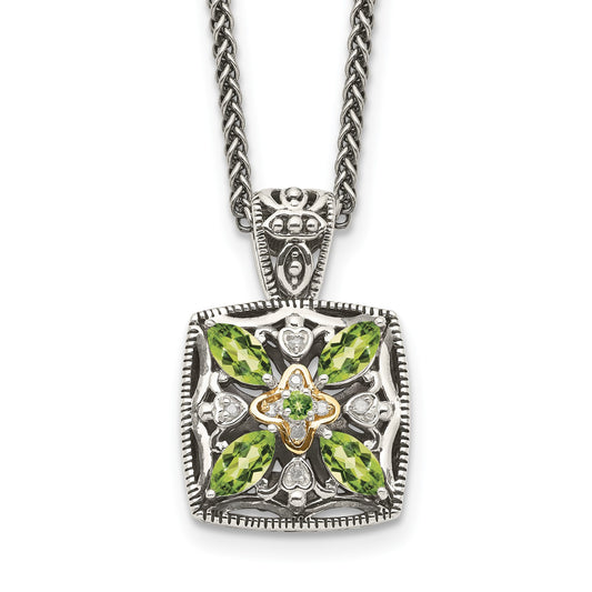 GSS Sterling Silver with 14K Accent 18 Inch Antiqued Diamond and Marquise Peridot Necklace