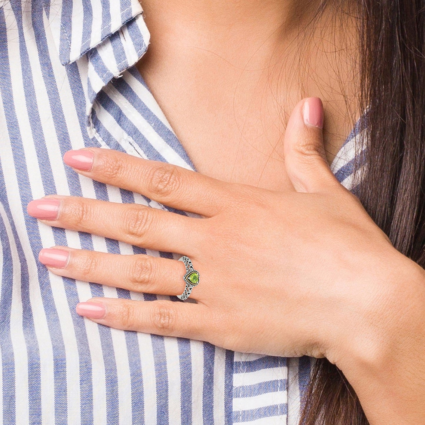 GSS Sterling Silver with 14K Accent Antiqued Heart Peridot Ring