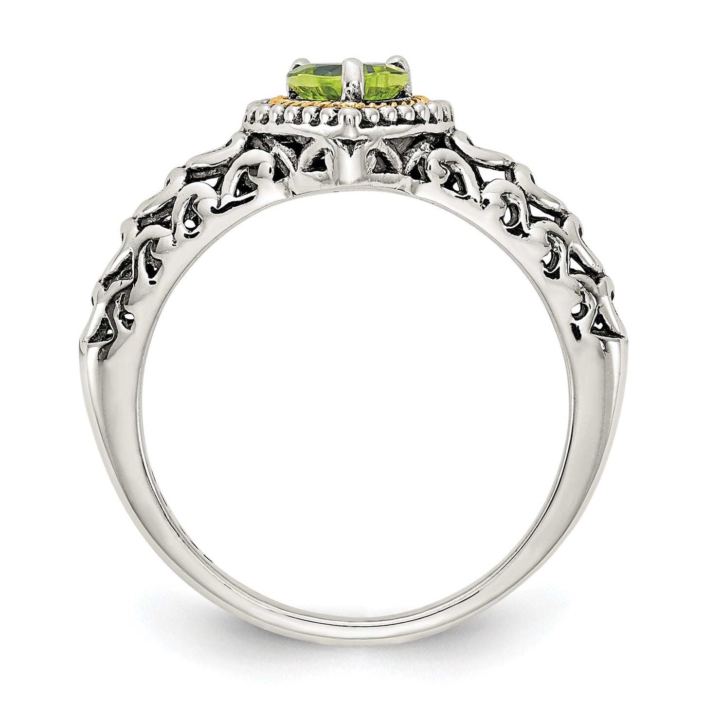 GSS Sterling Silver with 14K Accent Antiqued Heart Peridot Ring