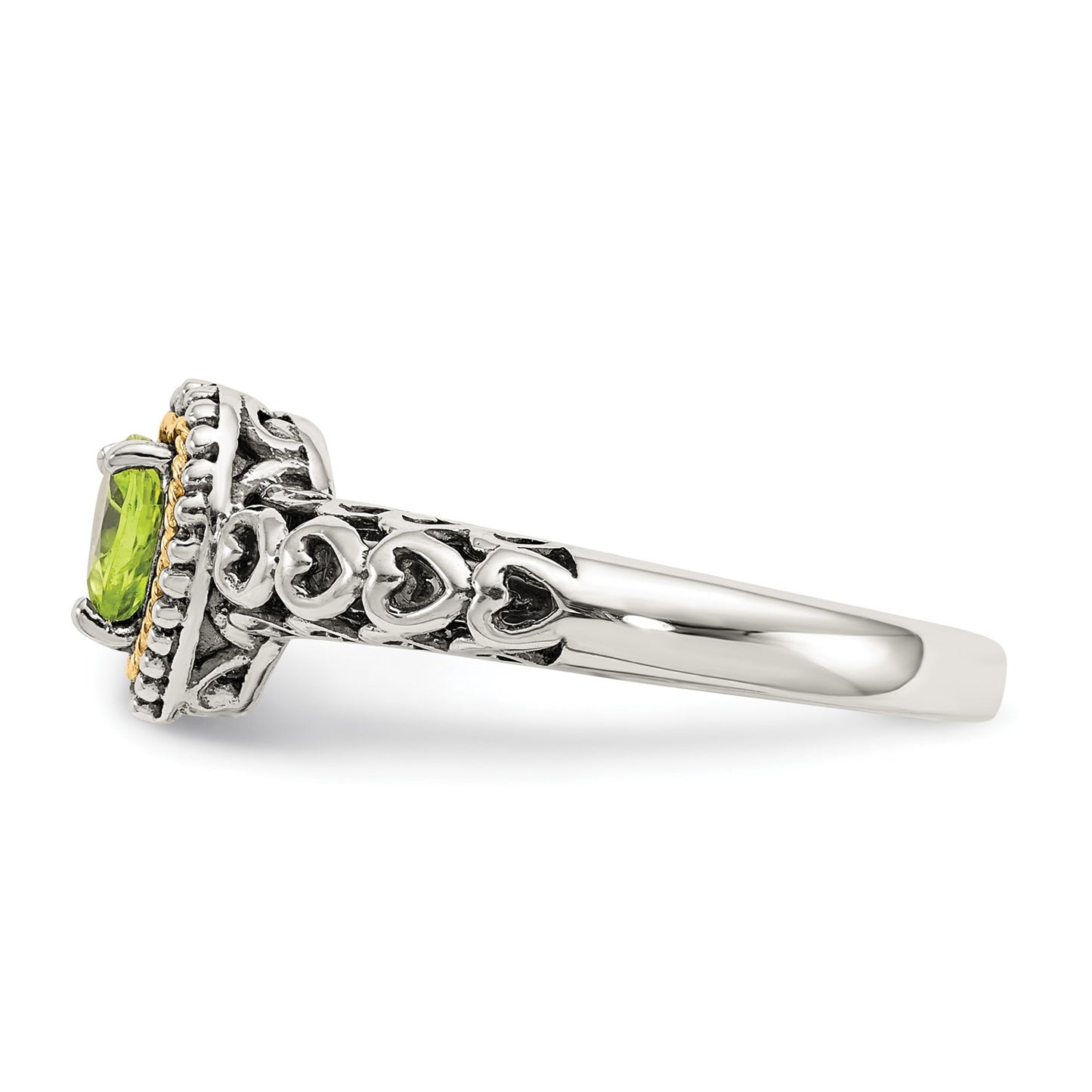 GSS Sterling Silver with 14K Accent Antiqued Heart Peridot Ring